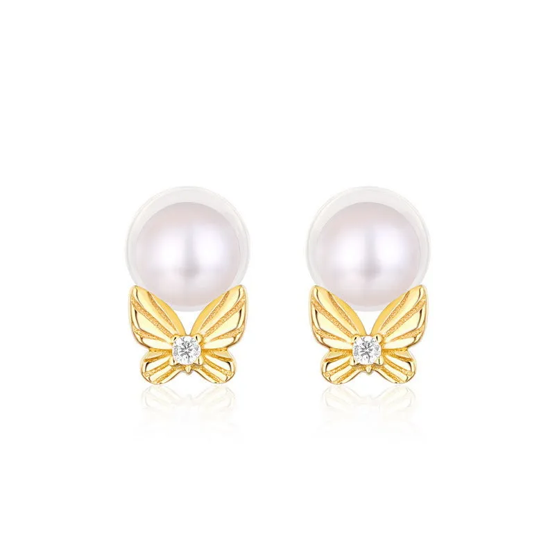 Round Freshwater Pearl Butterfly Zircon Sterling Silver Stud Earrings