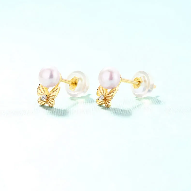 Round Freshwater Pearl Butterfly Zircon Sterling Silver Stud Earrings