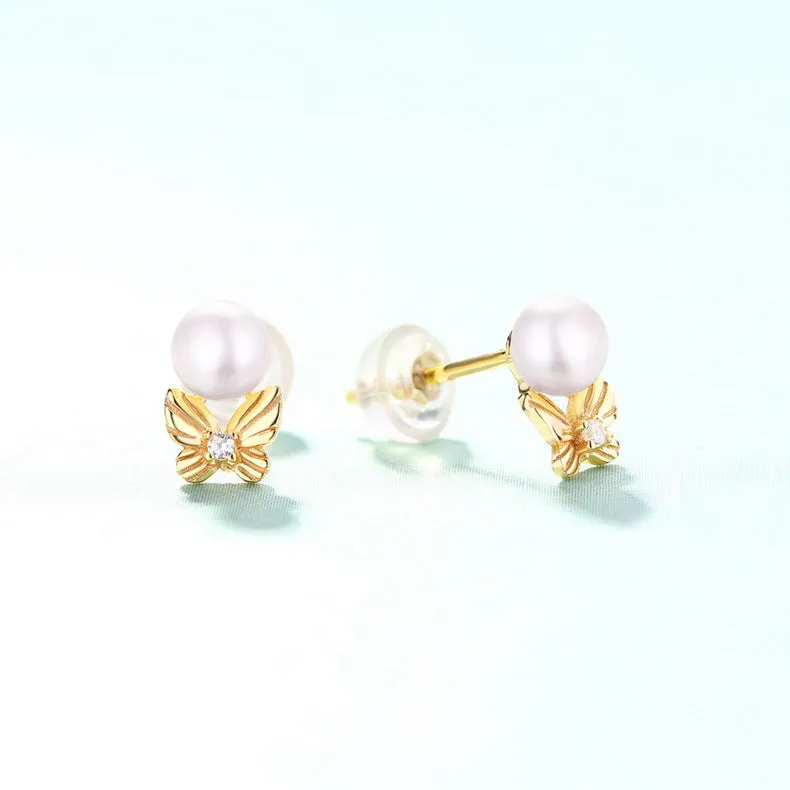 Round Freshwater Pearl Butterfly Zircon Sterling Silver Stud Earrings