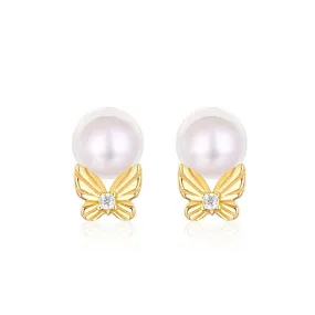 Round Freshwater Pearl Butterfly Zircon Sterling Silver Stud Earrings