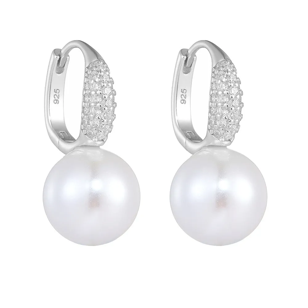 Round Pearl Zircon Sterling Silver Hoop Earrings