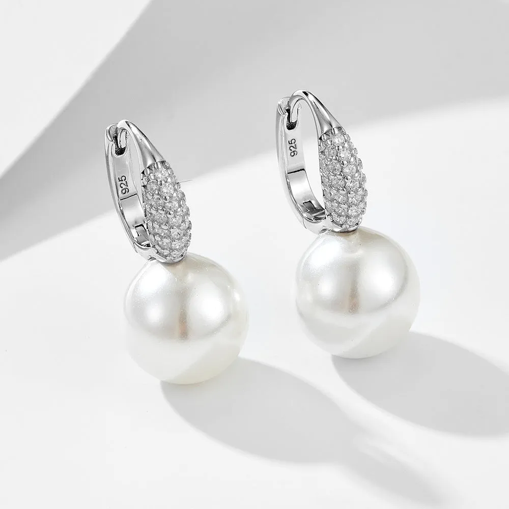 Round Pearl Zircon Sterling Silver Hoop Earrings