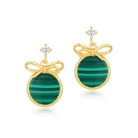 Round Shape Malachite Bowknot Zircon Sterling Silver Drop Earrings