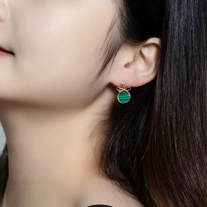 Round Shape Malachite Bowknot Zircon Sterling Silver Drop Earrings