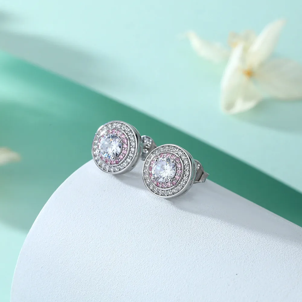 Round Zircon Soleste Halo with Pink Zircon Silver Studs Earrings for Women