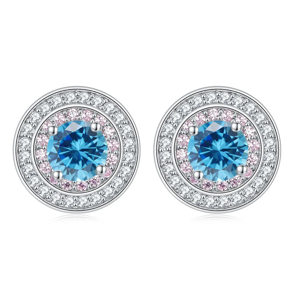 Round Zircon Soleste Halo with Pink Zircon Silver Studs Earrings for Women