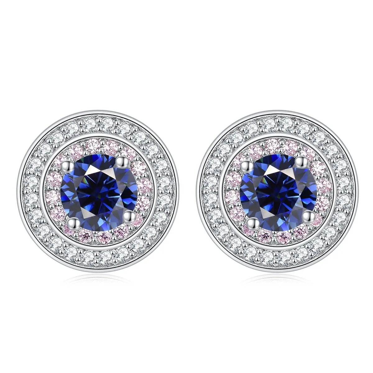 Round Zircon Soleste Halo with Pink Zircon Silver Studs Earrings for Women