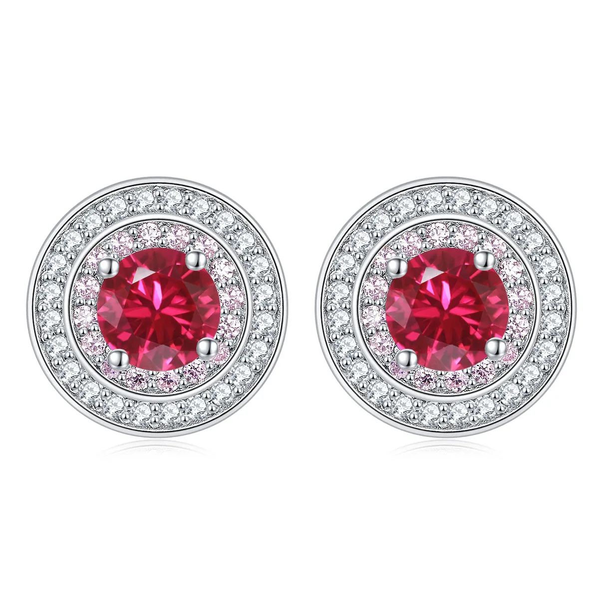 Round Zircon Soleste Halo with Pink Zircon Silver Studs Earrings for Women