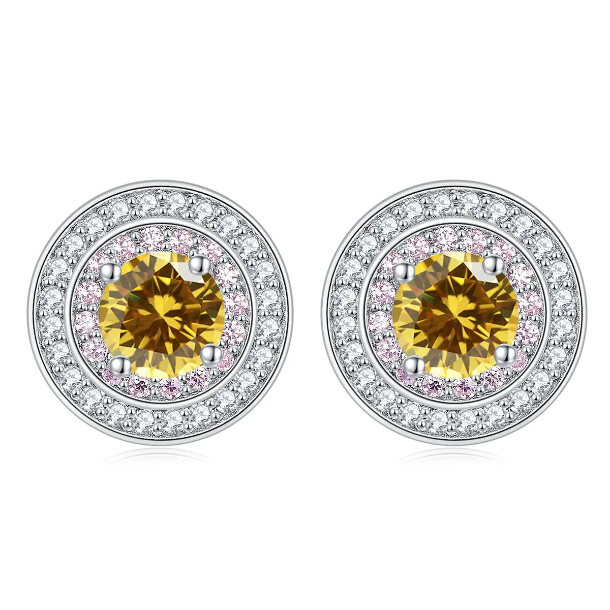 Round Zircon Soleste Halo with Pink Zircon Silver Studs Earrings for Women