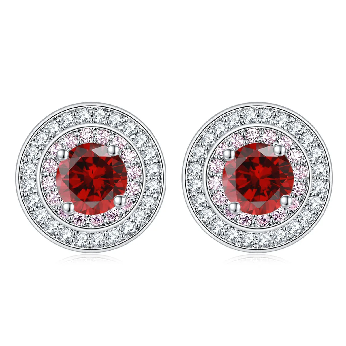 Round Zircon Soleste Halo with Pink Zircon Silver Studs Earrings for Women