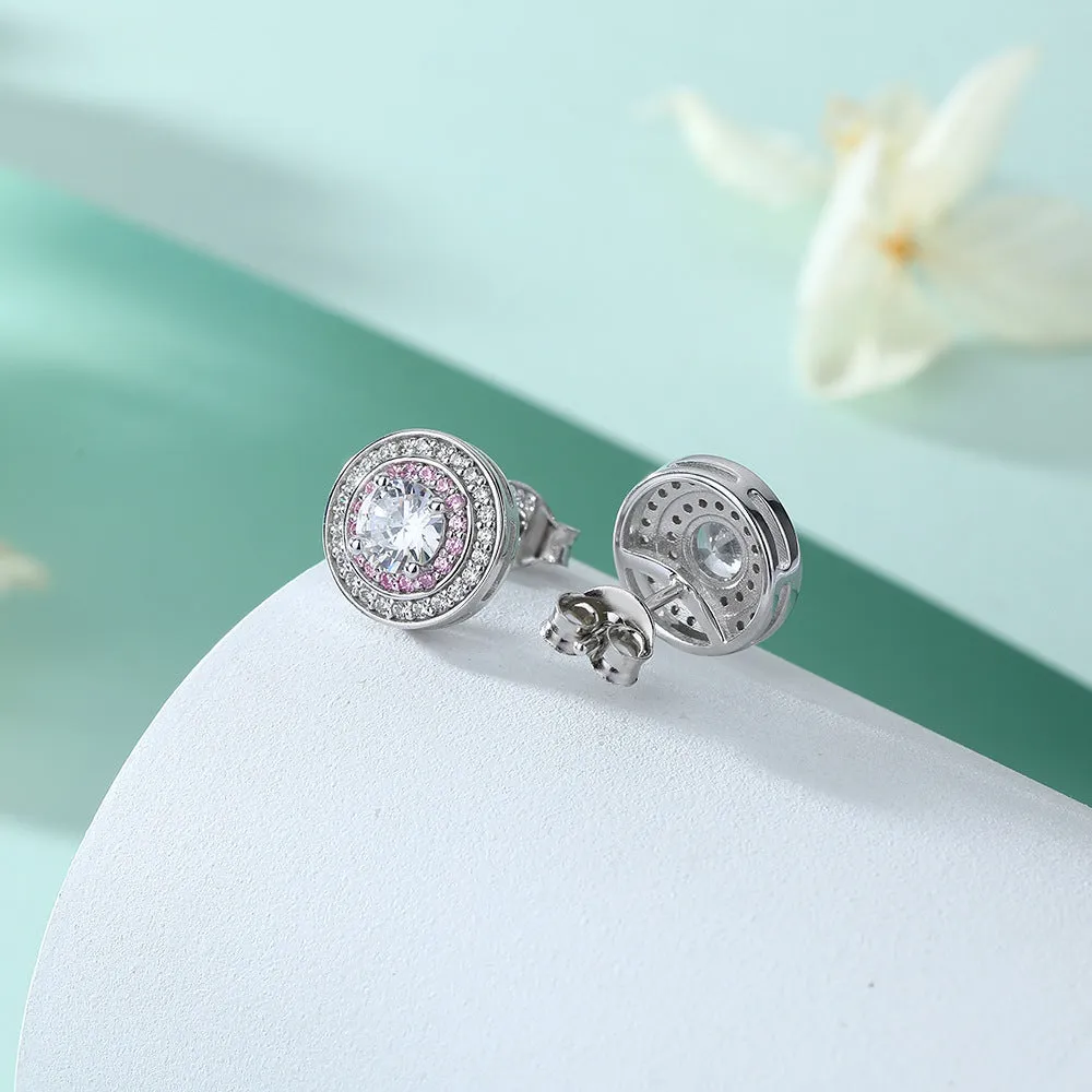 Round Zircon Soleste Halo with Pink Zircon Silver Studs Earrings for Women