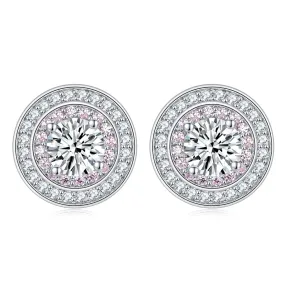 Round Zircon Soleste Halo with Pink Zircon Silver Studs Earrings for Women