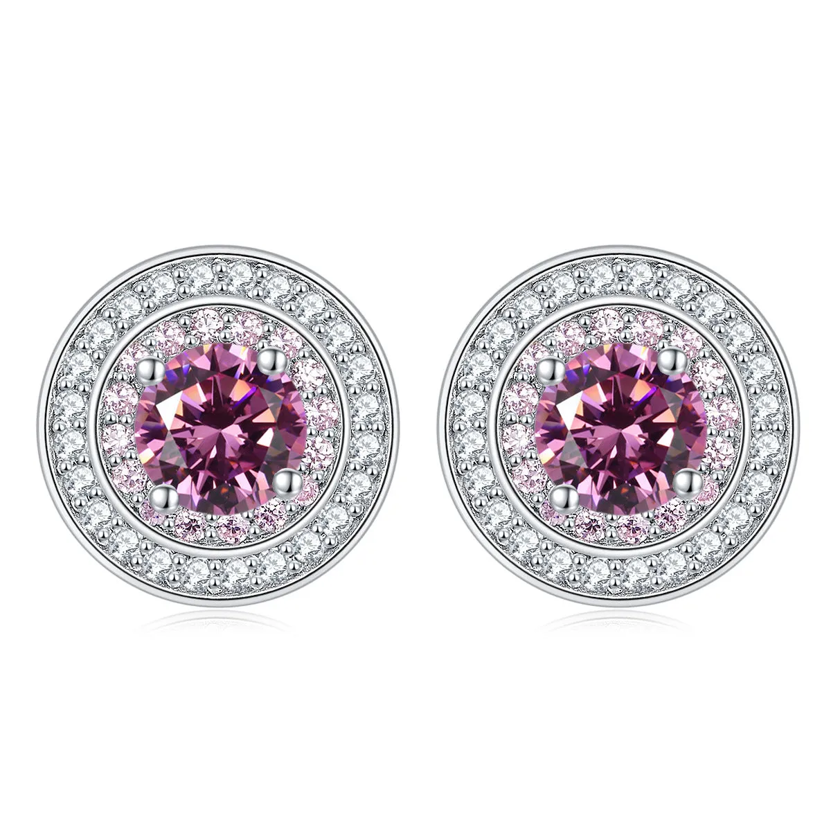 Round Zircon Soleste Halo with Pink Zircon Silver Studs Earrings for Women