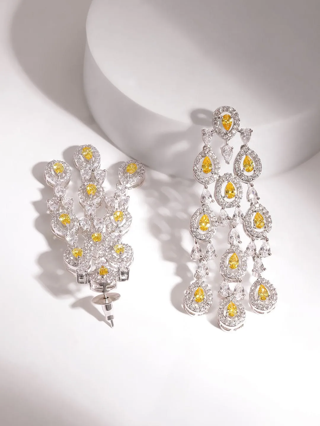 Rubans Rhodium Plated Yellow Sapphire studded Zirconia embellished Drop Earring