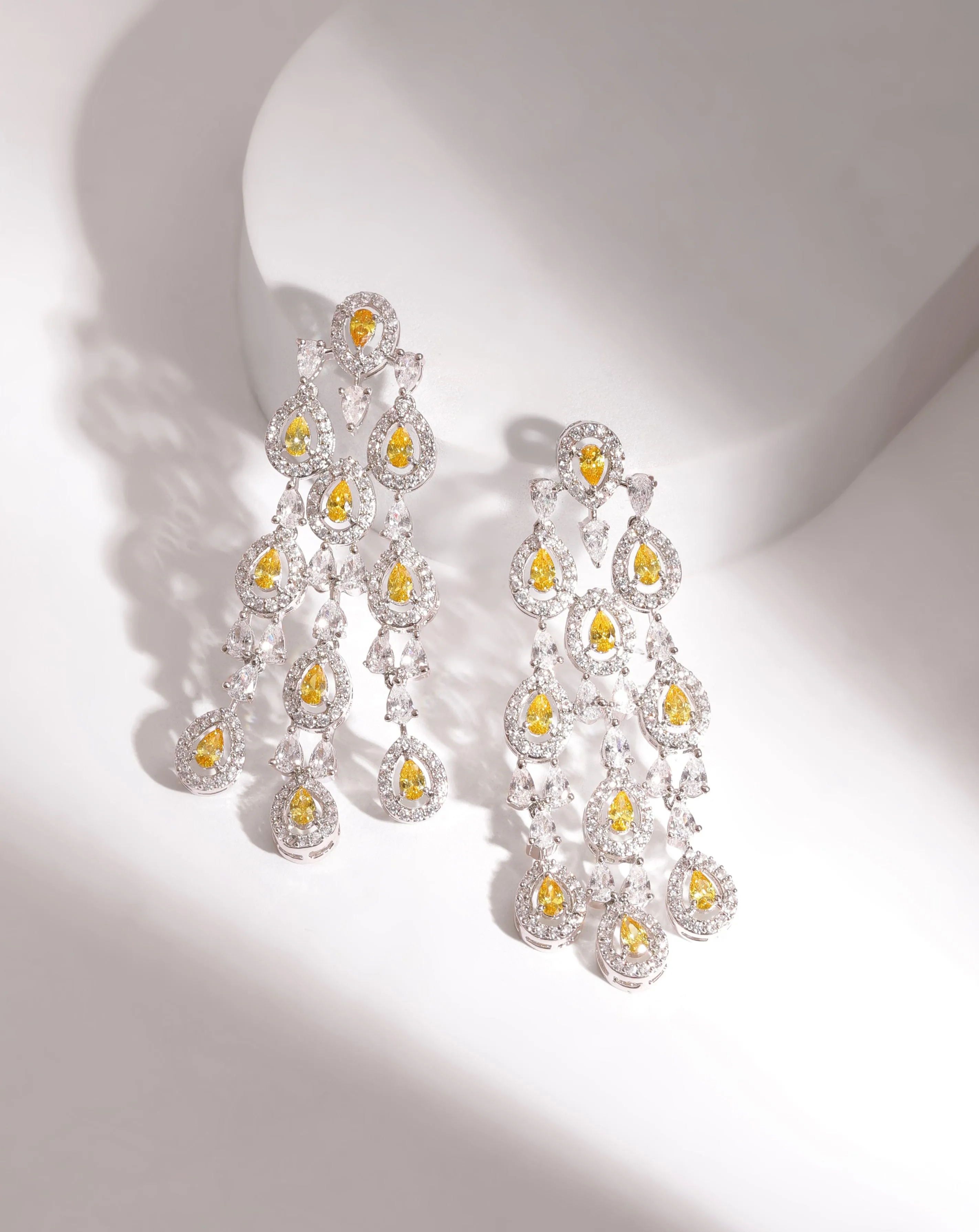 Rubans Rhodium Plated Yellow Sapphire studded Zirconia embellished Drop Earring