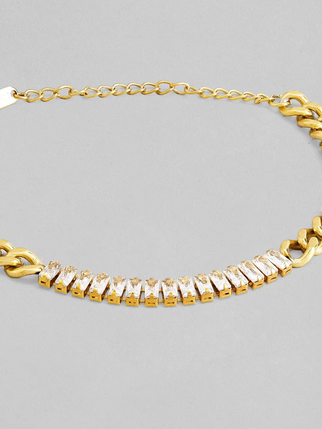 Rubans Voguish 18K Gold Plated Stainless Steel Waterproof Cuban Chain Bracelet With Zircon Baguettes Studded.