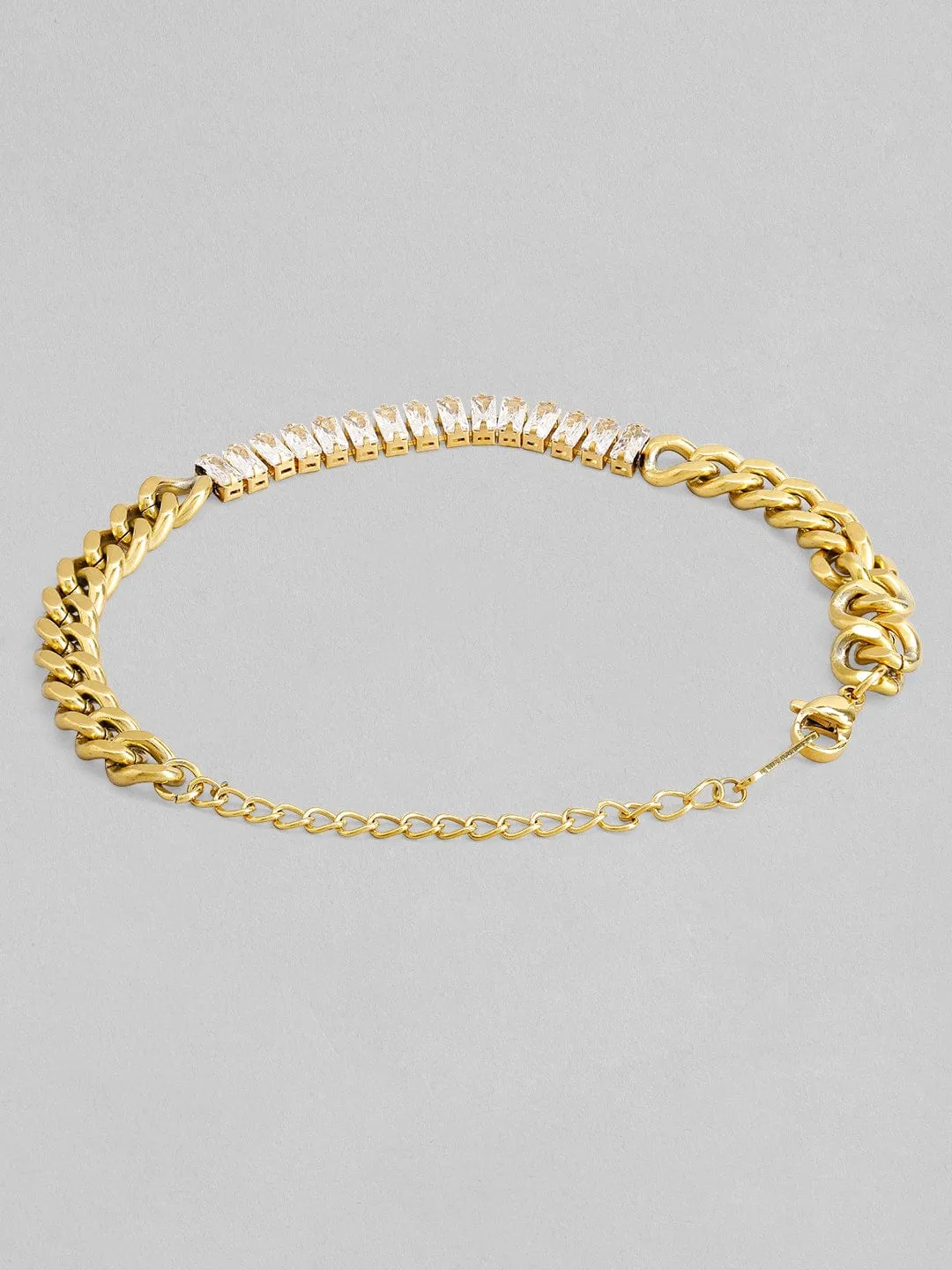 Rubans Voguish 18K Gold Plated Stainless Steel Waterproof Cuban Chain Bracelet With Zircon Baguettes Studded.