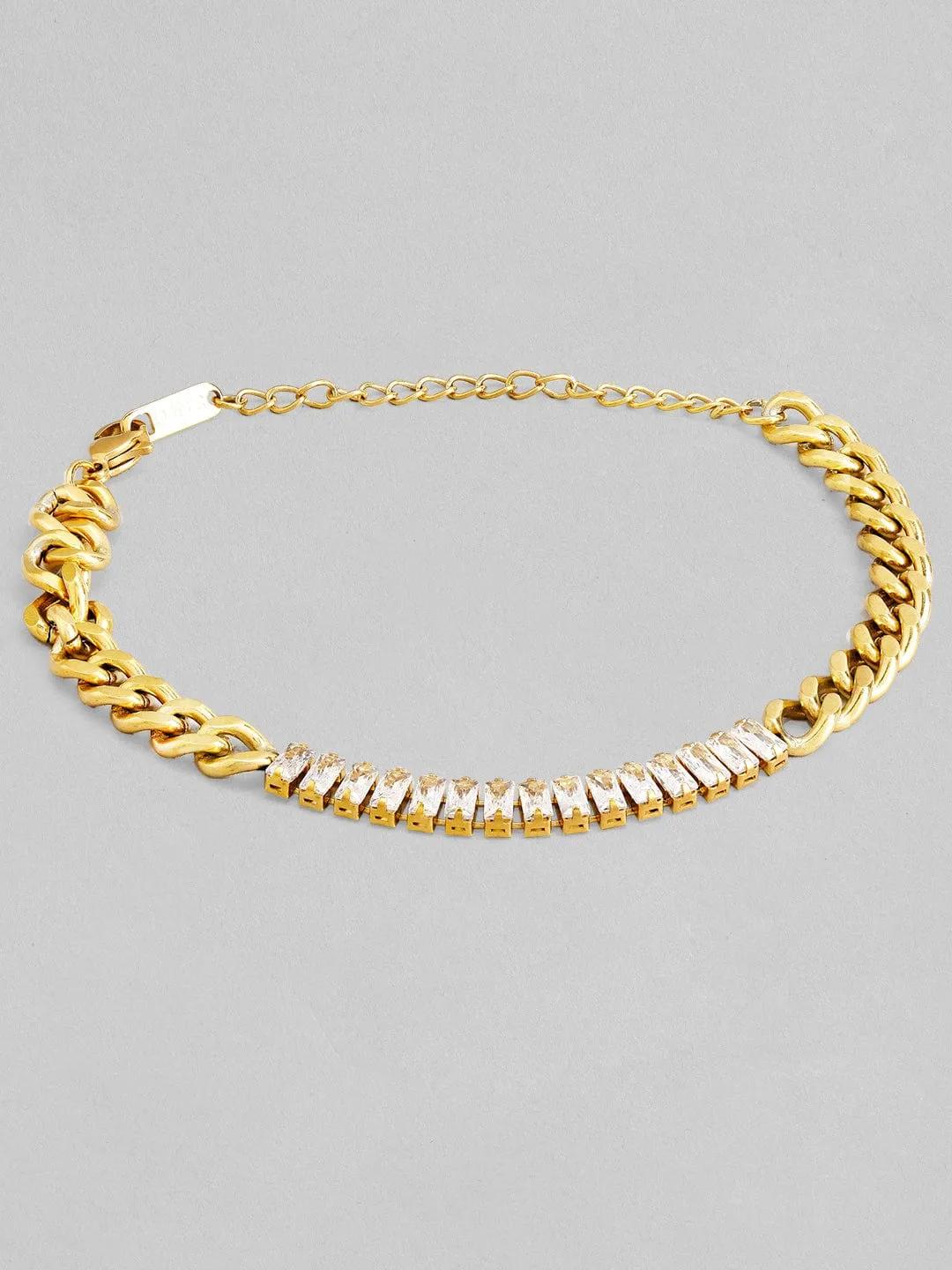 Rubans Voguish 18K Gold Plated Stainless Steel Waterproof Cuban Chain Bracelet With Zircon Baguettes Studded.