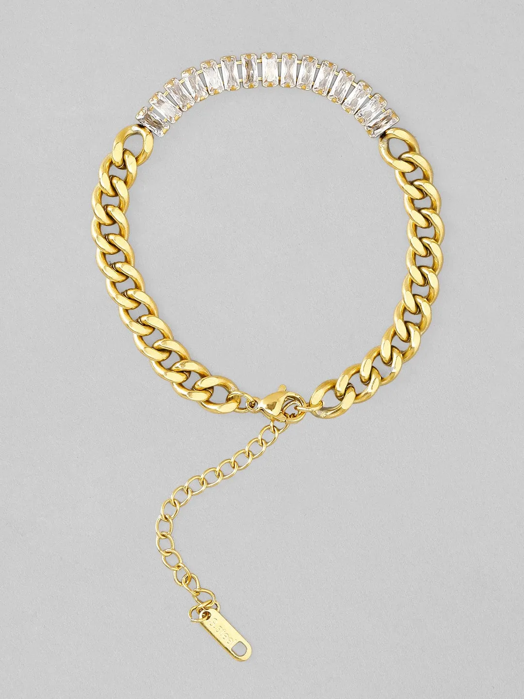 Rubans Voguish 18K Gold Plated Stainless Steel Waterproof Cuban Chain Bracelet With Zircon Baguettes Studded.