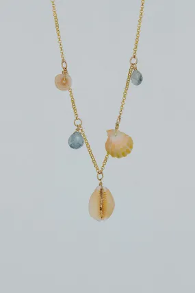 Shell Pile Necklace -  Purple Top Cowrie Shell   Aquamarine