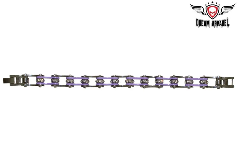 Silver & Purple Stainless Steel Motorcycle Chain Bracelet With Crystals