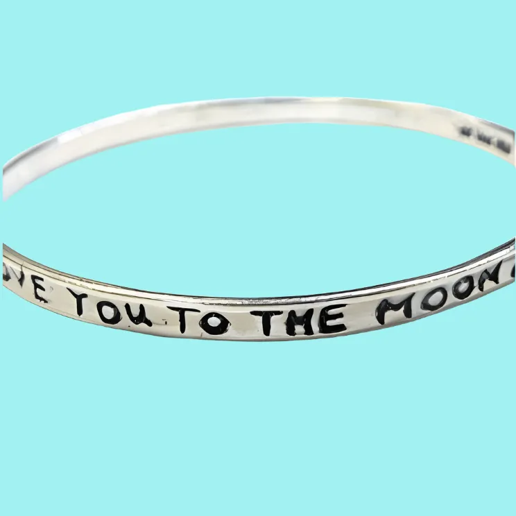 Silver bangle bracelet. Boho jewelry. "Love you to the Moon and Back"