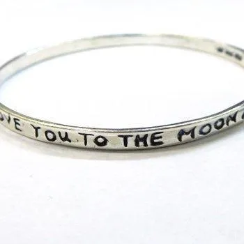 Silver bangle bracelet. Boho jewelry. "Love you to the Moon and Back"