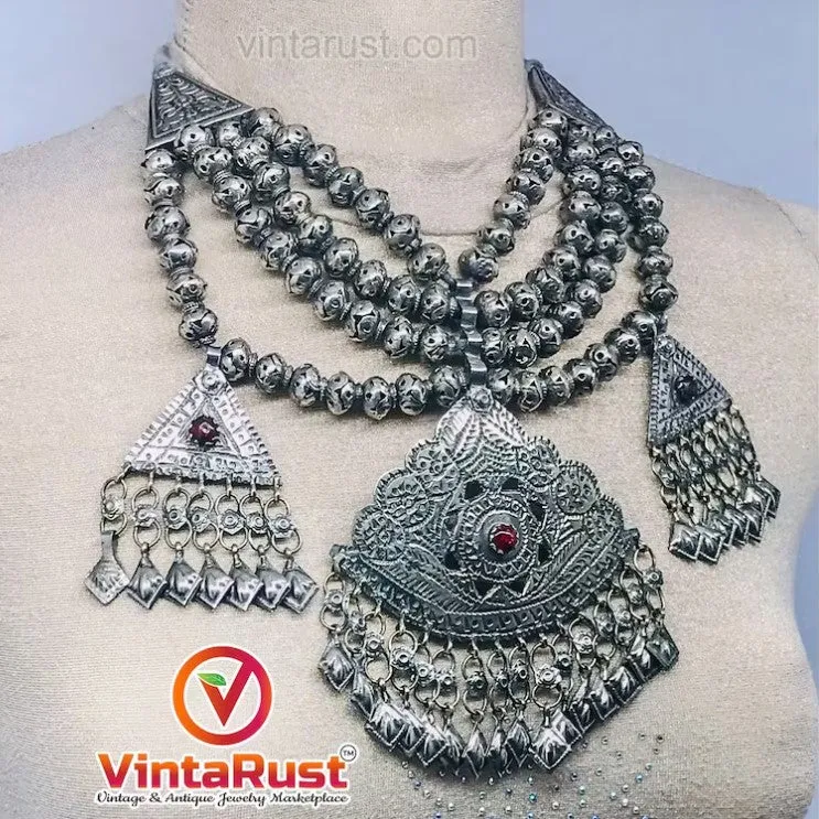 Silver Kuchi Multilayer Beaded Necklace With Dangling Pendants