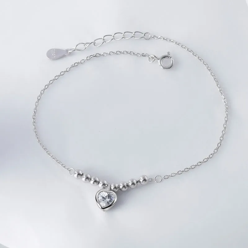 Single Heart-shape Zircon with Round Beads Silver Bracelet for Women