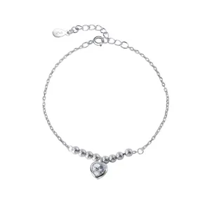 Single Heart-shape Zircon with Round Beads Silver Bracelet for Women