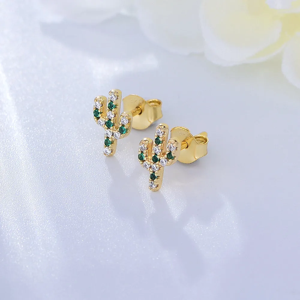 Small Zircon Cactus Silver Studs Earrings for Women