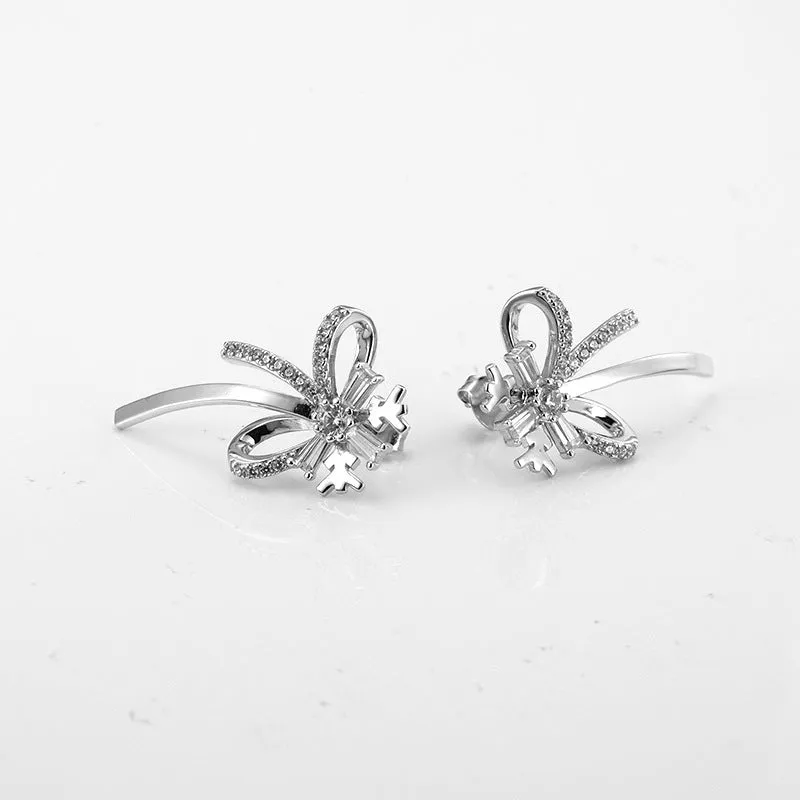 Snowflake Bow with Zircon Silver Studs Earrings for Women