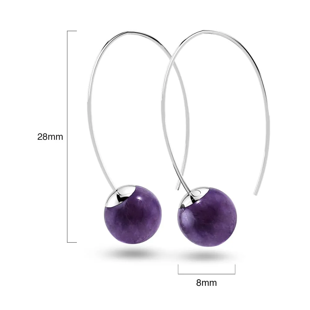 Solid 925 Sterling Silver Round Amethyst Dangle Earrings