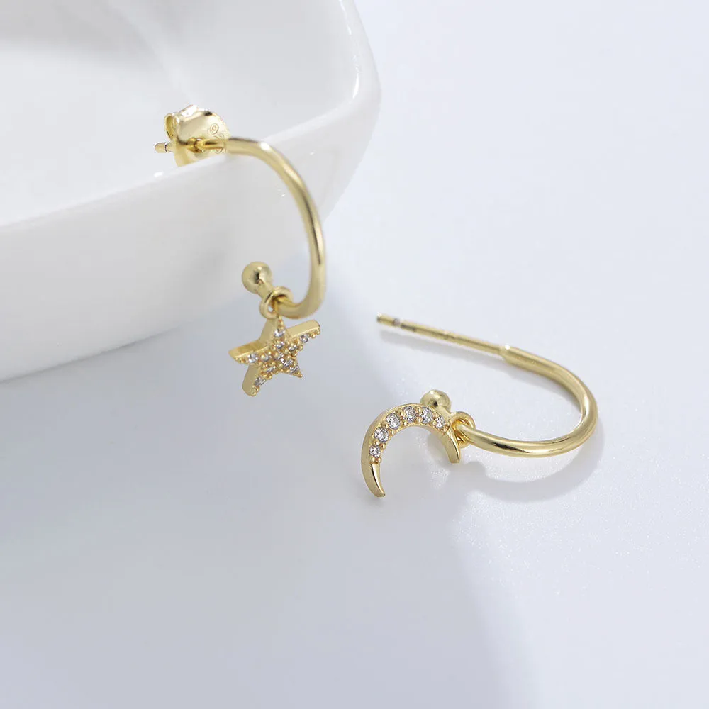 Star Moon with Zircon Pendant Silver Studs Earrings for Women