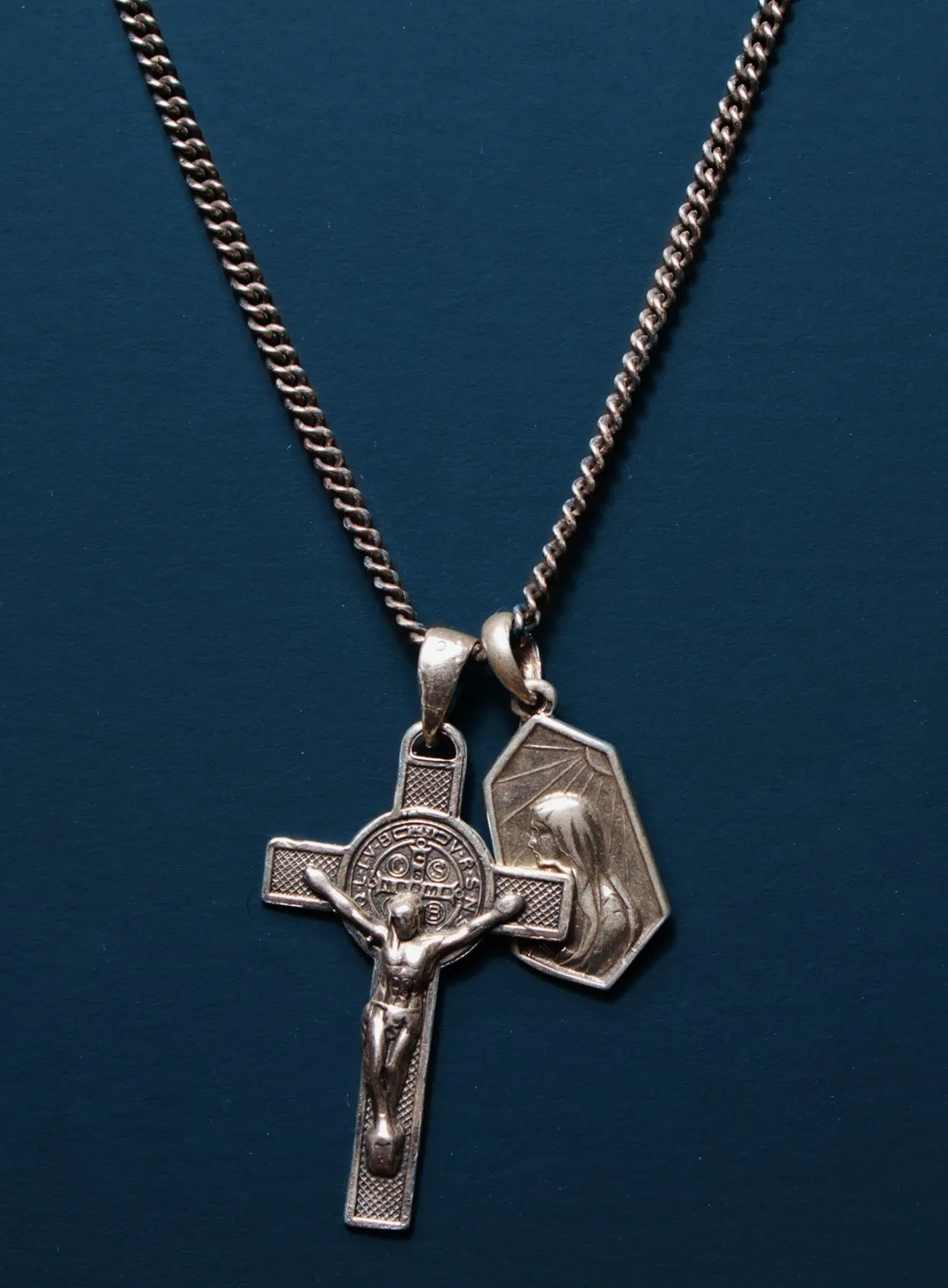 Sterling Silver Cross   Mary Medal Necklace for Men.