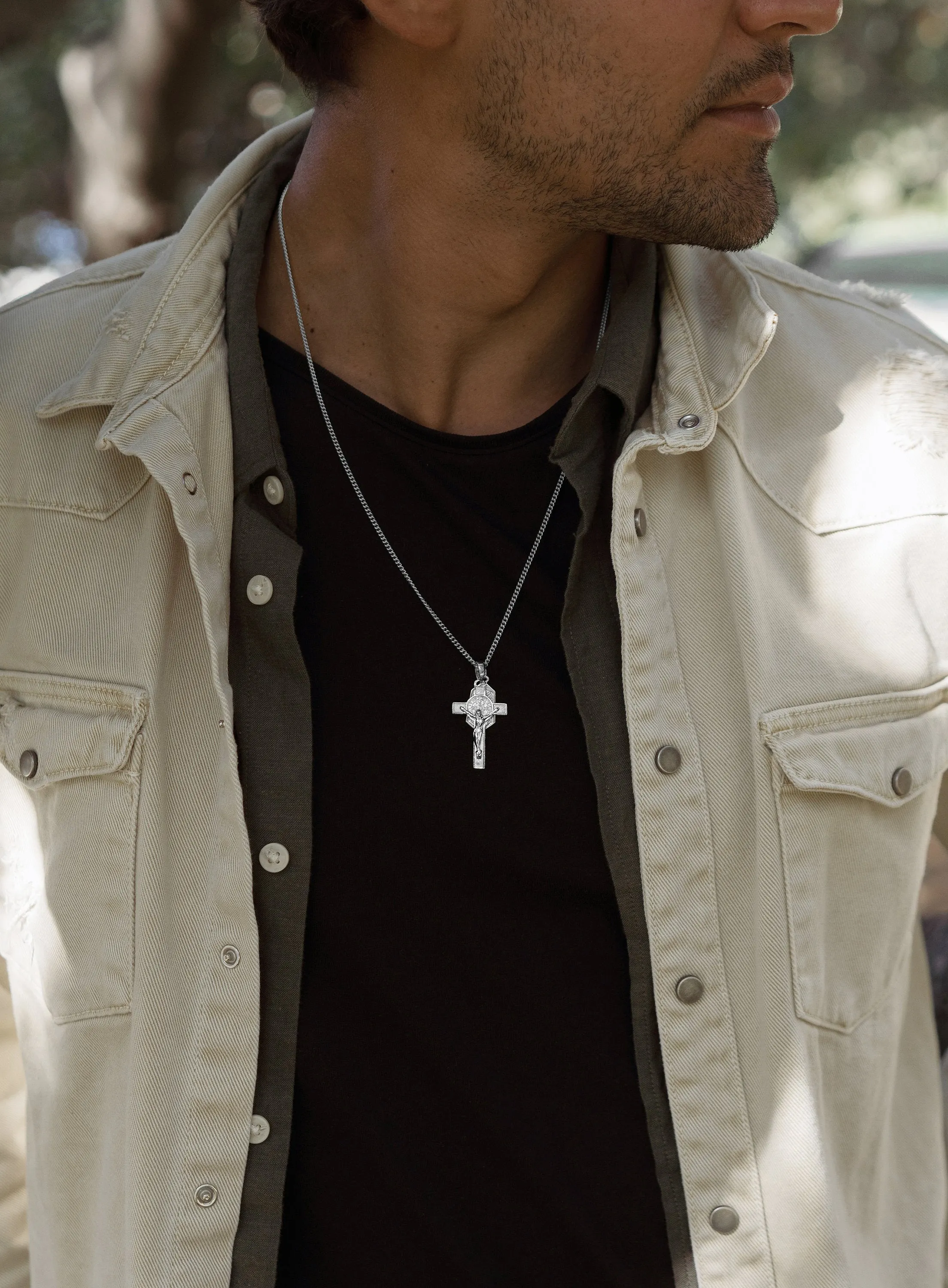 Sterling Silver Cross   Mary Medal Necklace for Men.