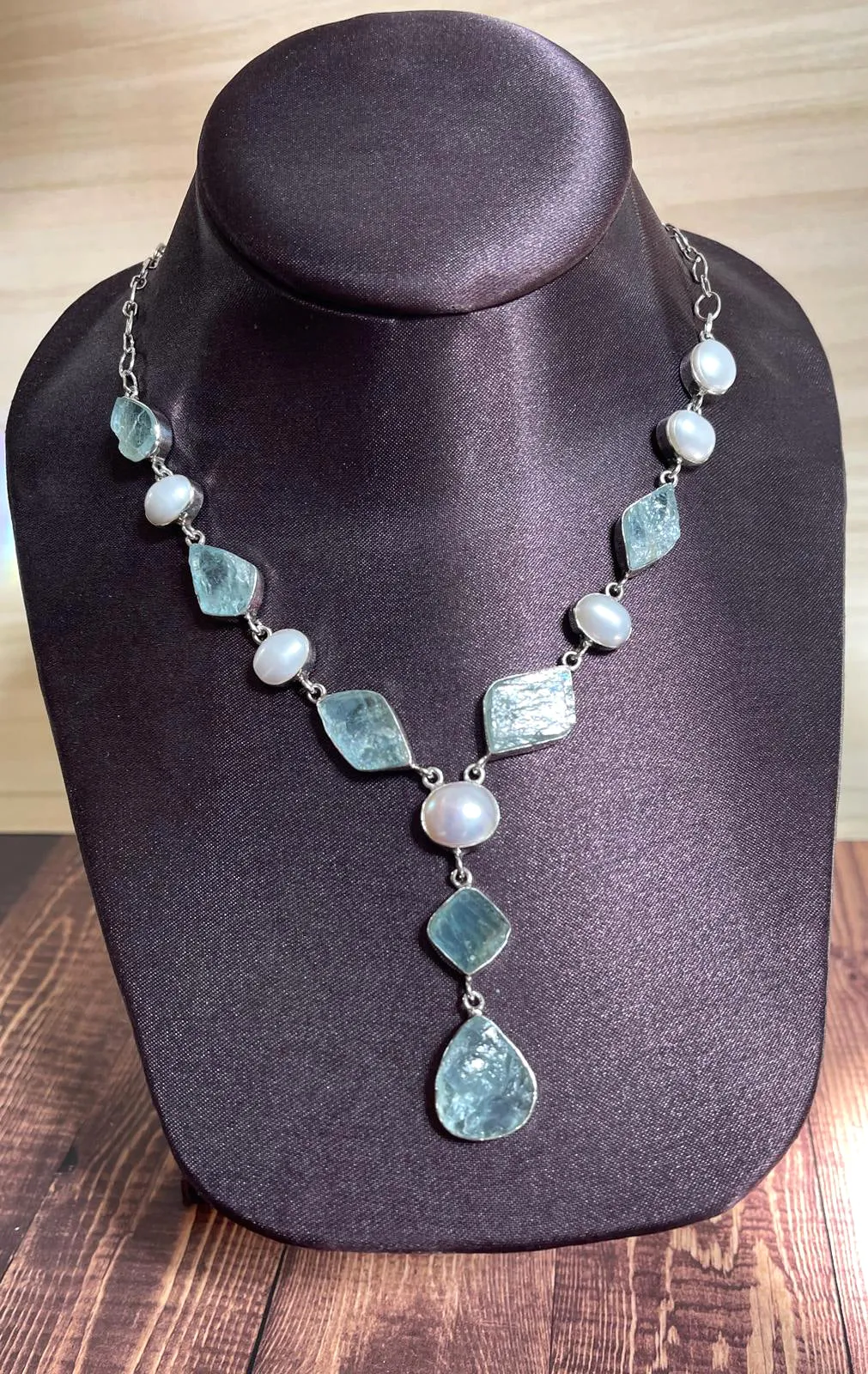 Sterling Silver Tibetan Aquamarine and Pearl Necklace