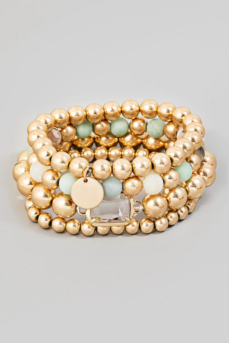 Stretch Beaded Layering Rhinestone Bracelet Set in Mint