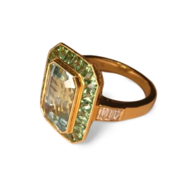 Stunning Art Deco 18K Yellow Gold Hand Cut Aquamarine Diamond Tsavorite Mosaic Ring