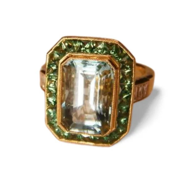 Stunning Art Deco 18K Yellow Gold Hand Cut Aquamarine Diamond Tsavorite Mosaic Ring