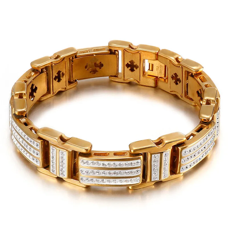 Stylish 18K Gold Zircon Punk Bracelet for Men - European and American Hipster Stainless Steel Jewelry