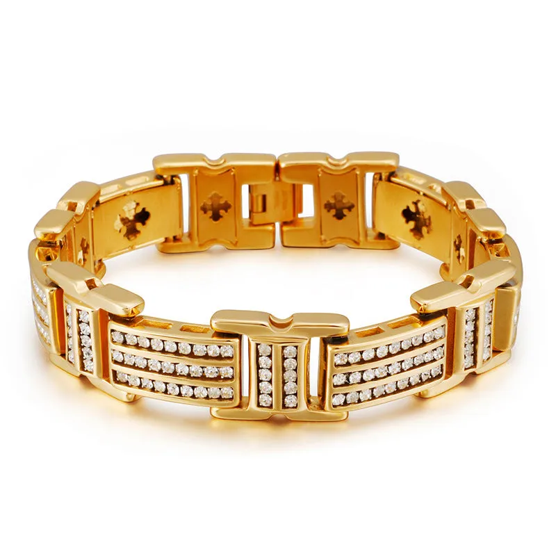 Stylish 18K Gold Zircon Punk Bracelet for Men - European and American Hipster Stainless Steel Jewelry