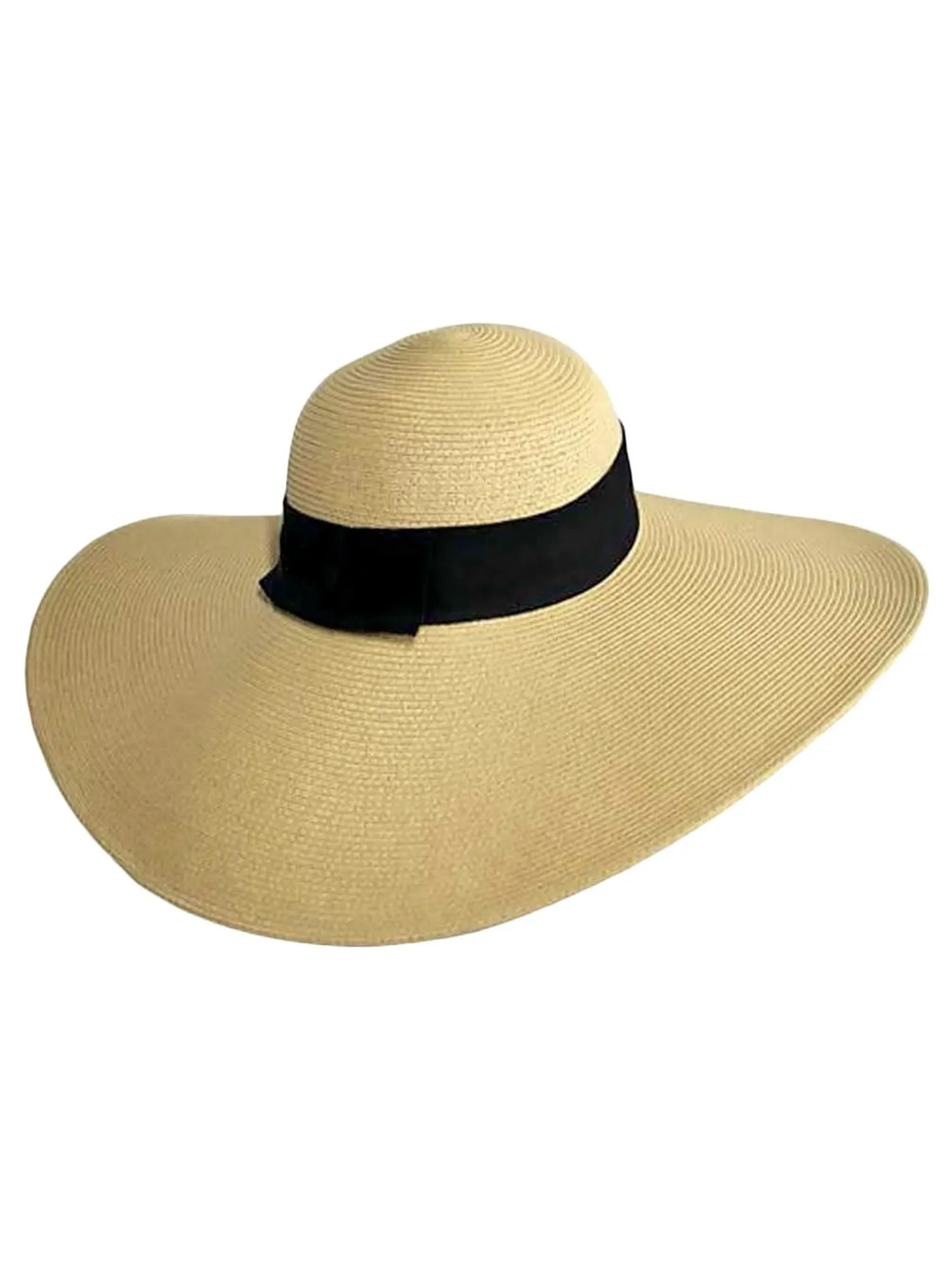 Tan Wide Brimmed Floppy Hat With Black Ribbon Hat Band