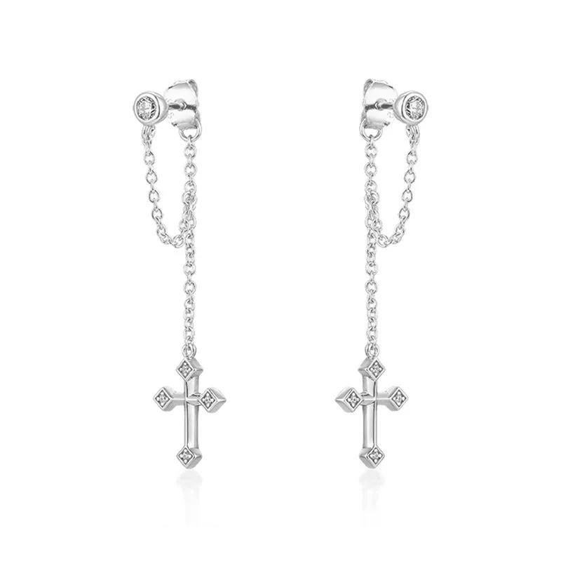 Tassel Cross with Zircon Silver Drop Earrings for Women