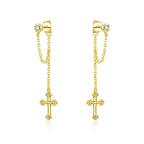 Tassel Cross with Zircon Silver Drop Earrings for Women