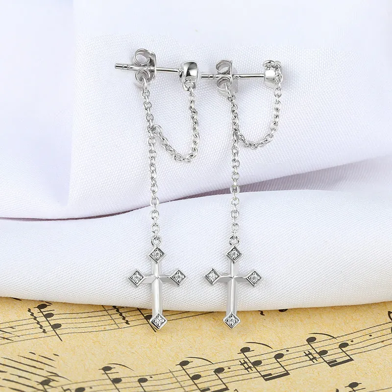 Tassel Cross with Zircon Silver Drop Earrings for Women