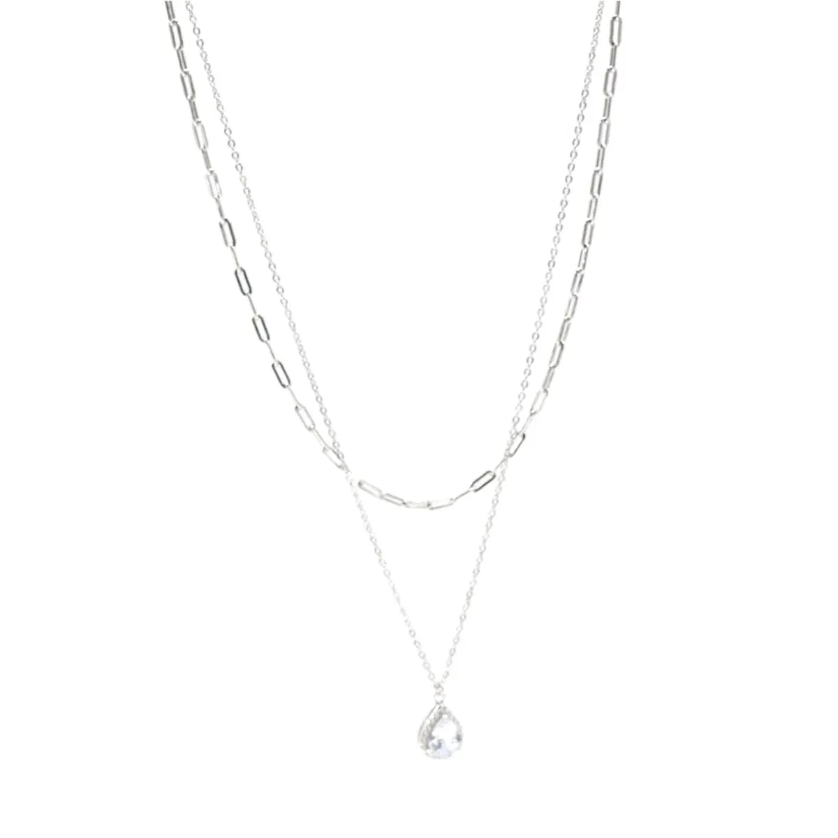 Teardrop Paperclip Layered Necklace 925 Sterling Silver Cubic Zirconia Simulated Diamond Pear Shape Double Necklace