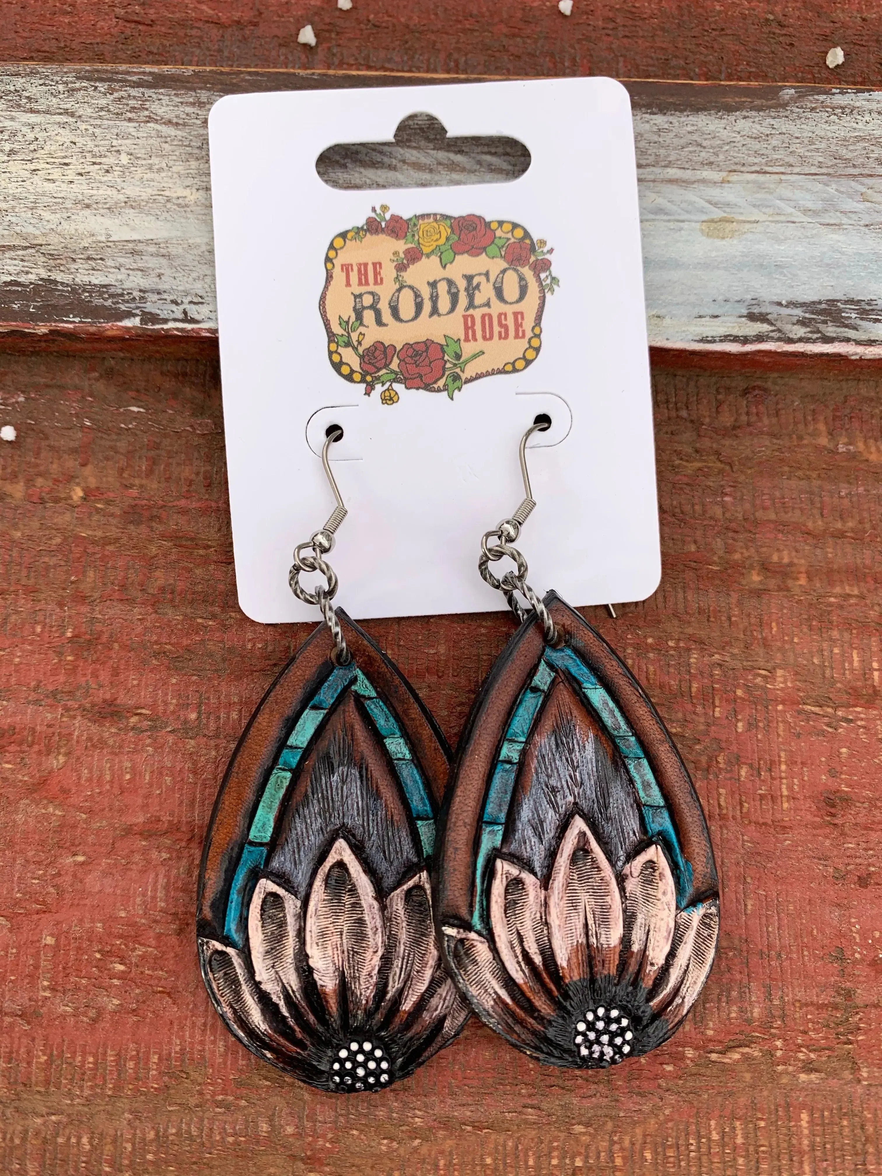 The Tad Hand tooled Leather Earring with Turquoise Border