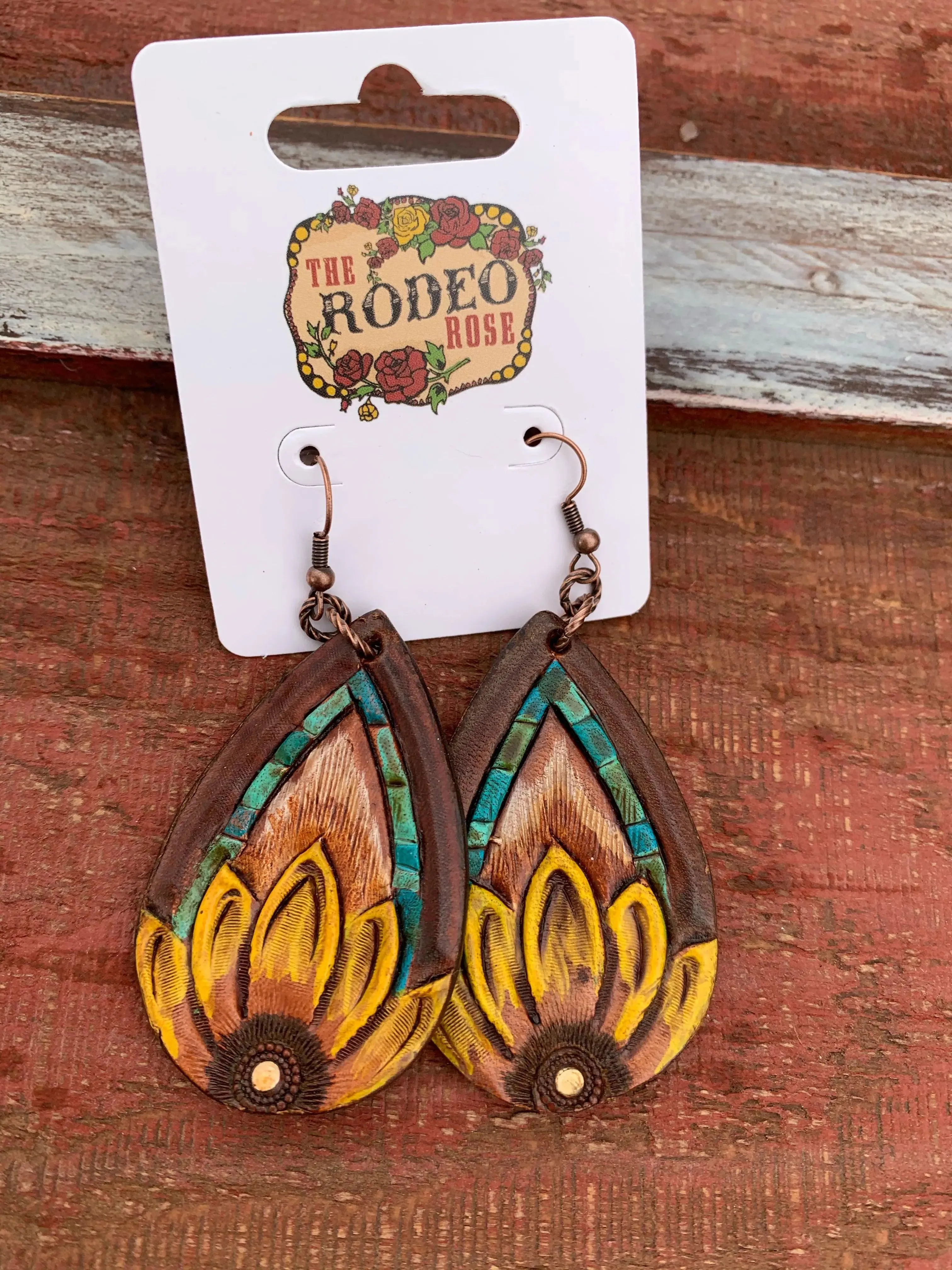 The Tad Hand tooled Leather Earring with Turquoise Border