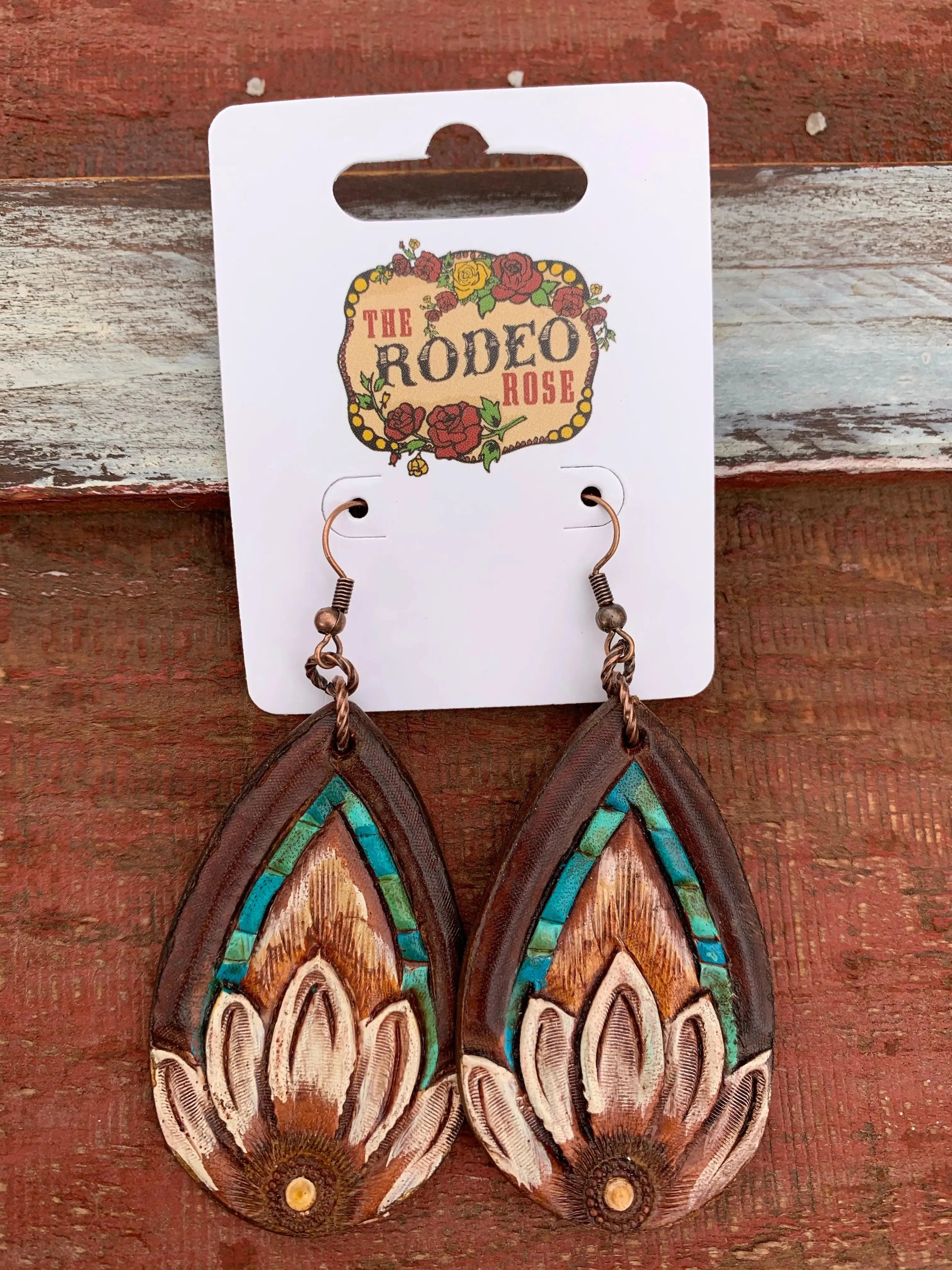 The Tad Hand tooled Leather Earring with Turquoise Border